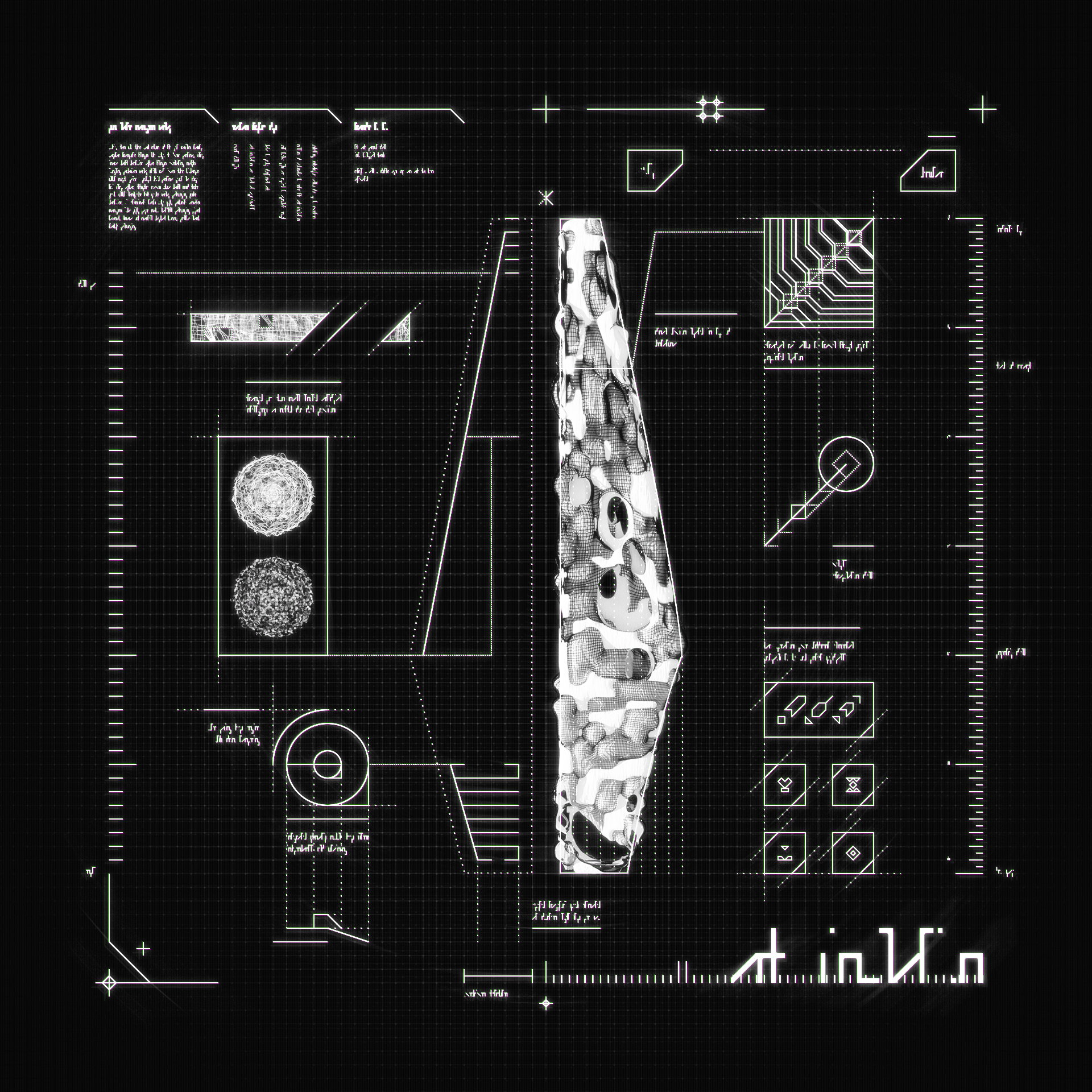 Black and white computer-generated image of an abstract schematic blueprint with alien writing.